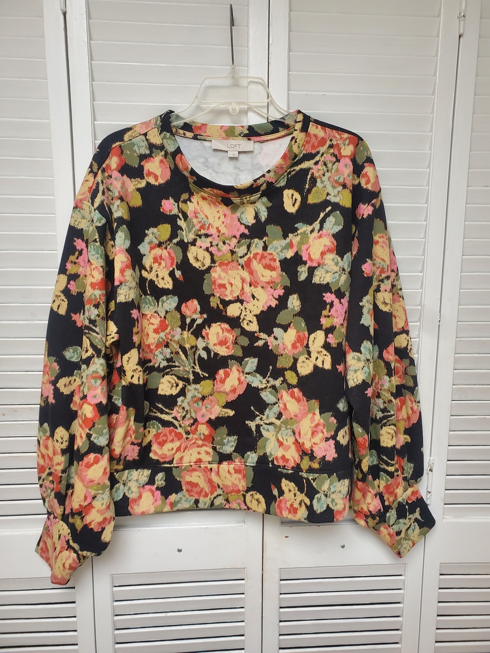 Women's Black Floral Crewneck Sweatshirt with Pink & Yellow Roses